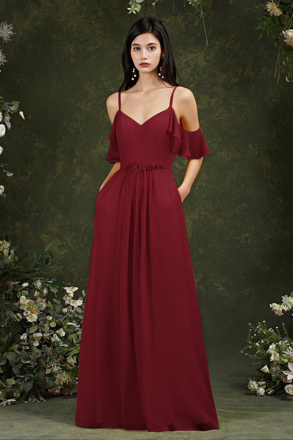 Elegant Spaghetti Straps Sweetheart Backless A-Line Chiffon Bridesmaid Dress With Pockets