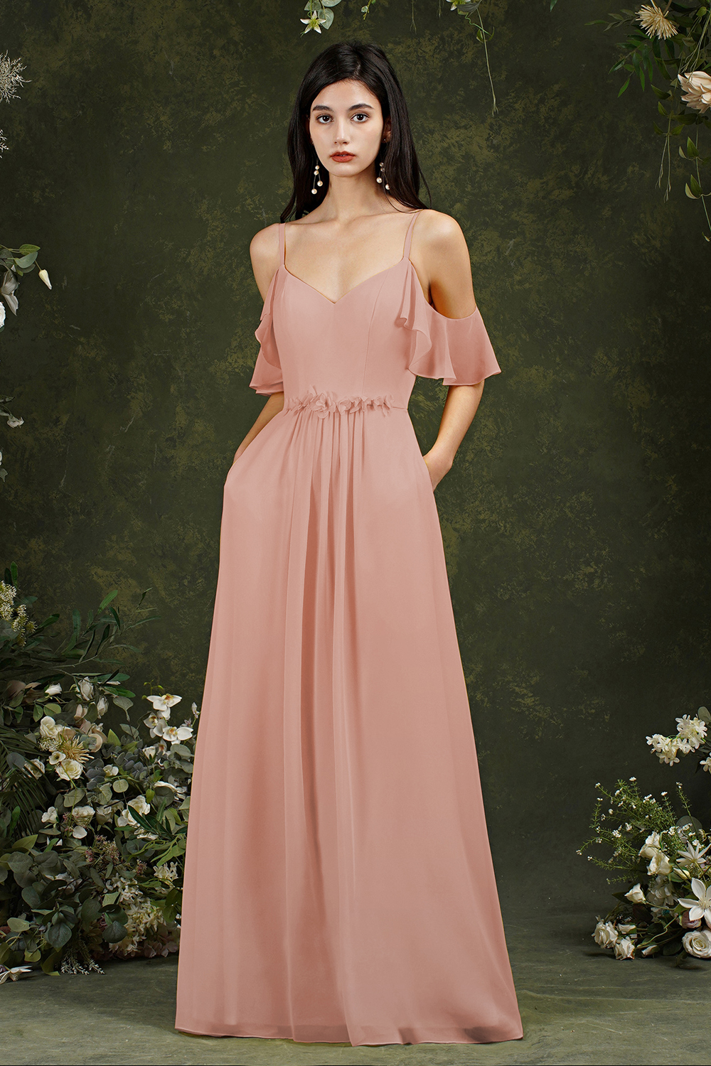 Elegant Spaghetti Straps Sweetheart Backless A-Line Chiffon Bridesmaid Dress With Pockets