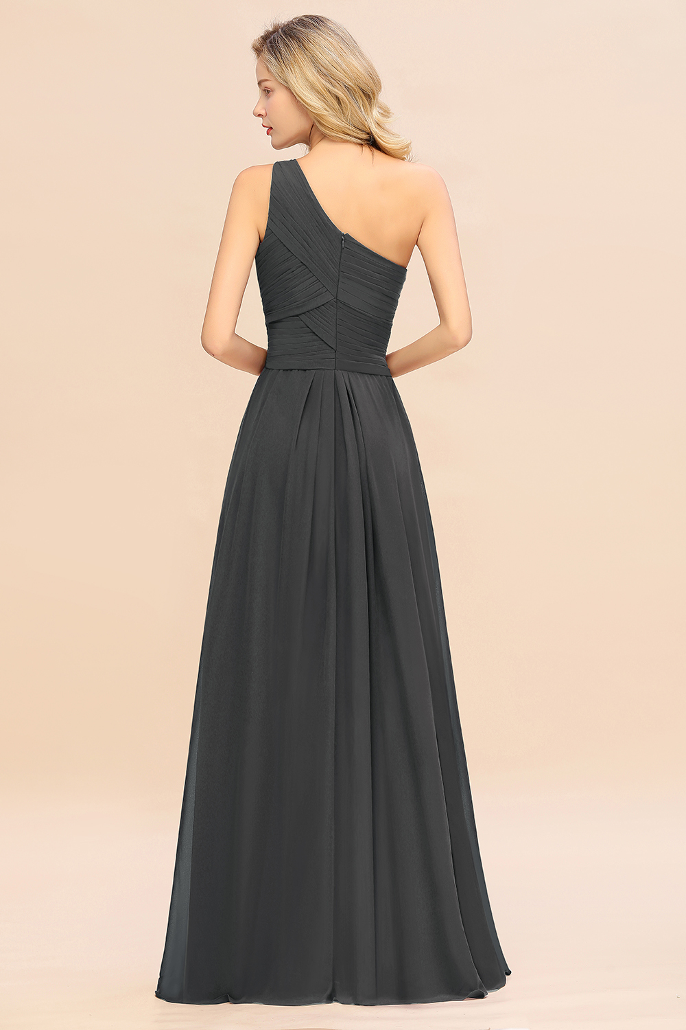 Elegant Steel Grey A-line Chiffon Ruffles One Shoulder Long Bridesmaid Dress