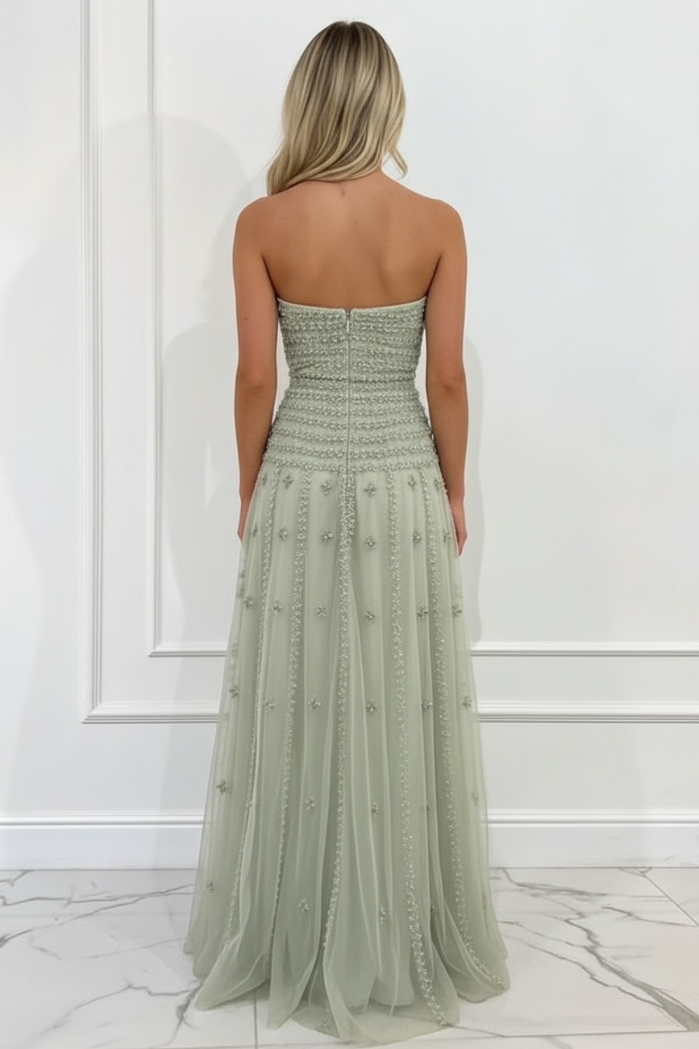 Sage Green Strapless A-line Prom Dress with Appliques