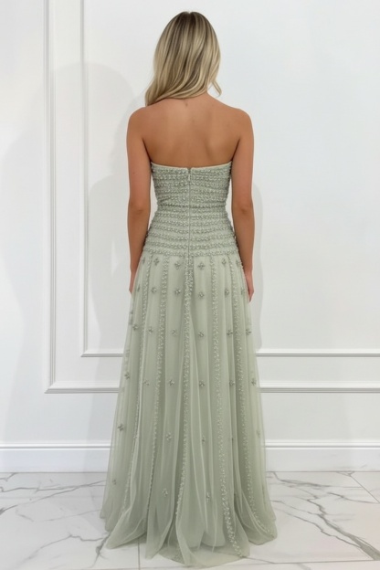 Sage Green Strapless A-line Prom Dress with Appliques