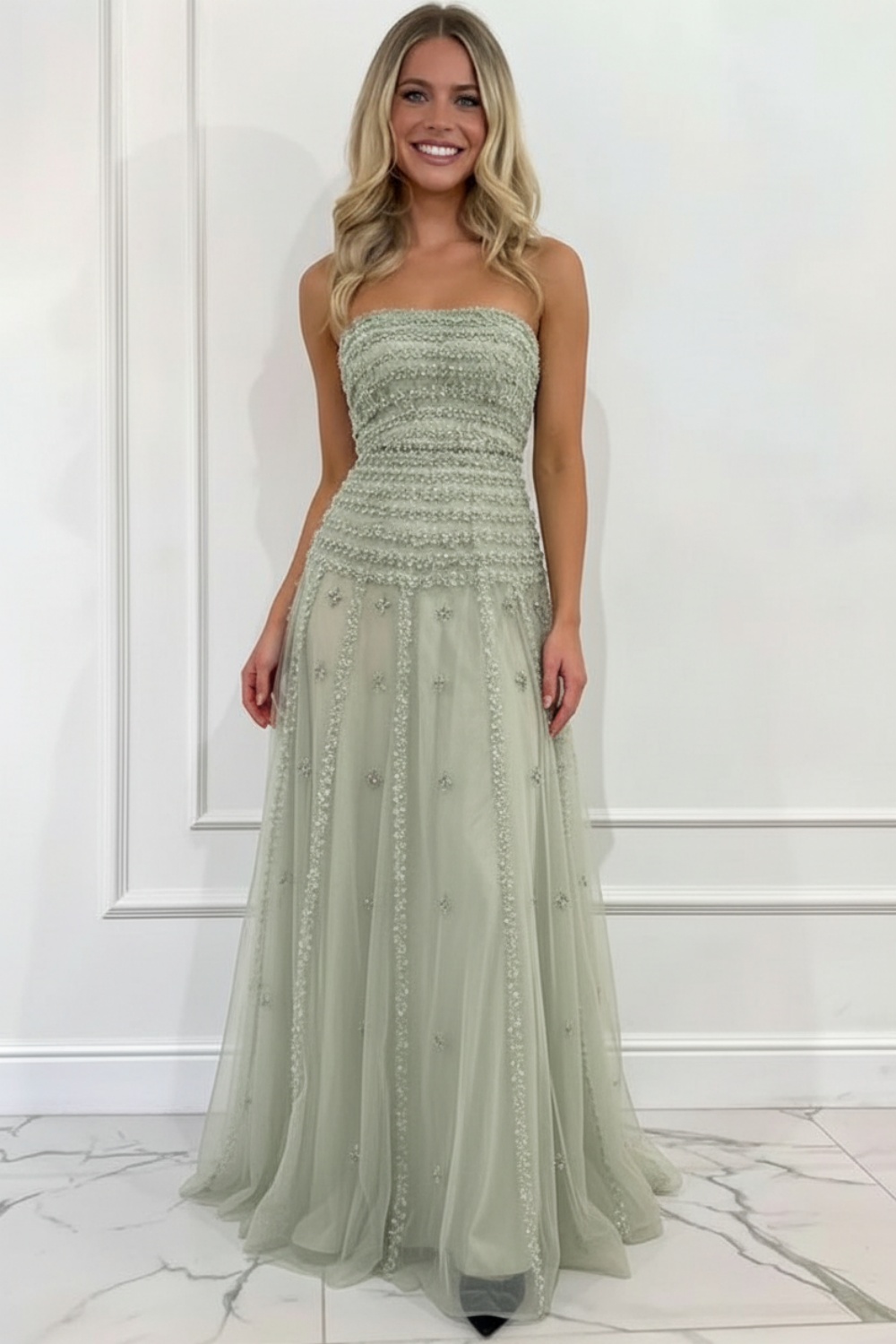 Sage Green Strapless A-line Prom Dress with Appliques