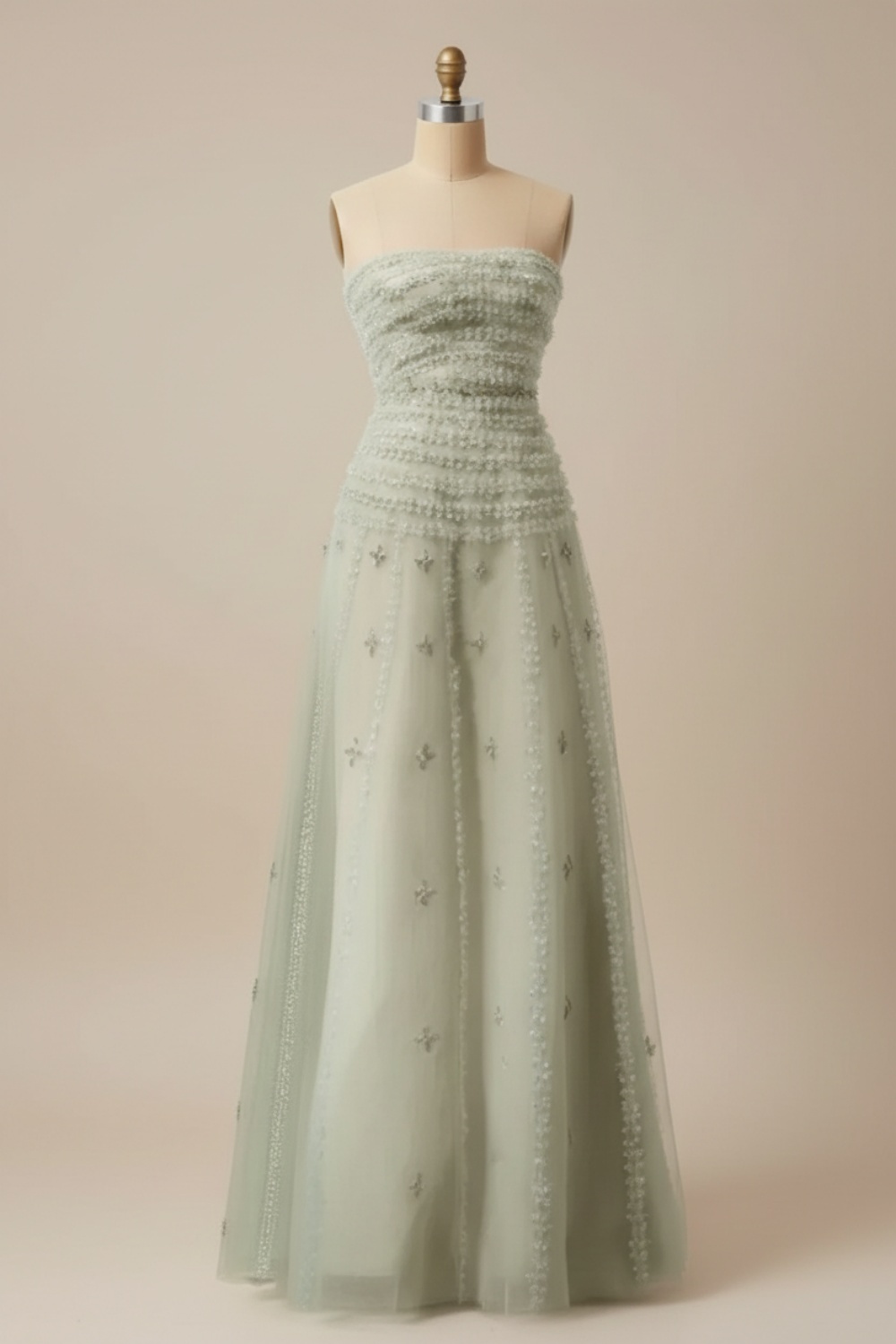 Sage Green Strapless A-line Prom Dress with Appliques