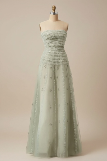 Sage Green Strapless A-line Prom Dress with Appliques