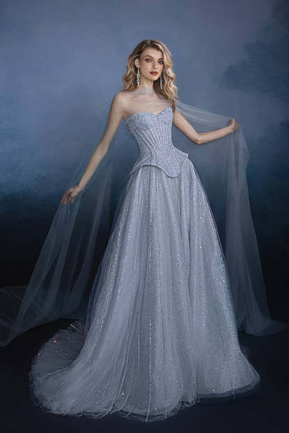 Cocosbride Elegant Sweetheart Tulle A-line Evening Dress with Rhinestones