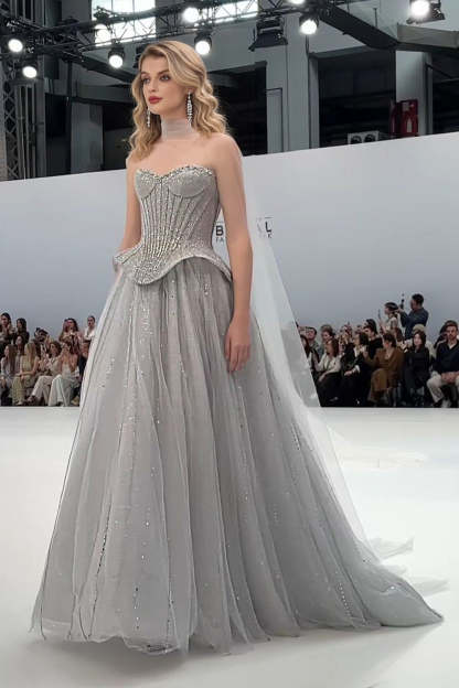 Cocosbride Elegant Sweetheart Tulle A-line Evening Dress with Rhinestones