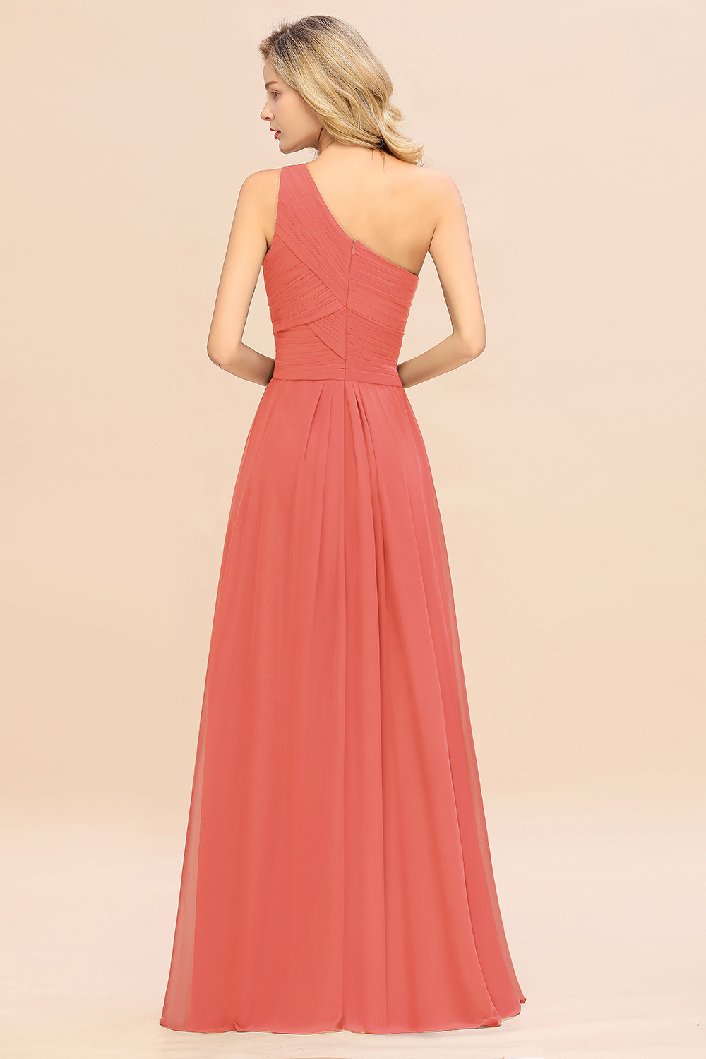 Elegant Watermelon A-line Chiffon Ruffles One Shoulder Long Bridesmaid Dress