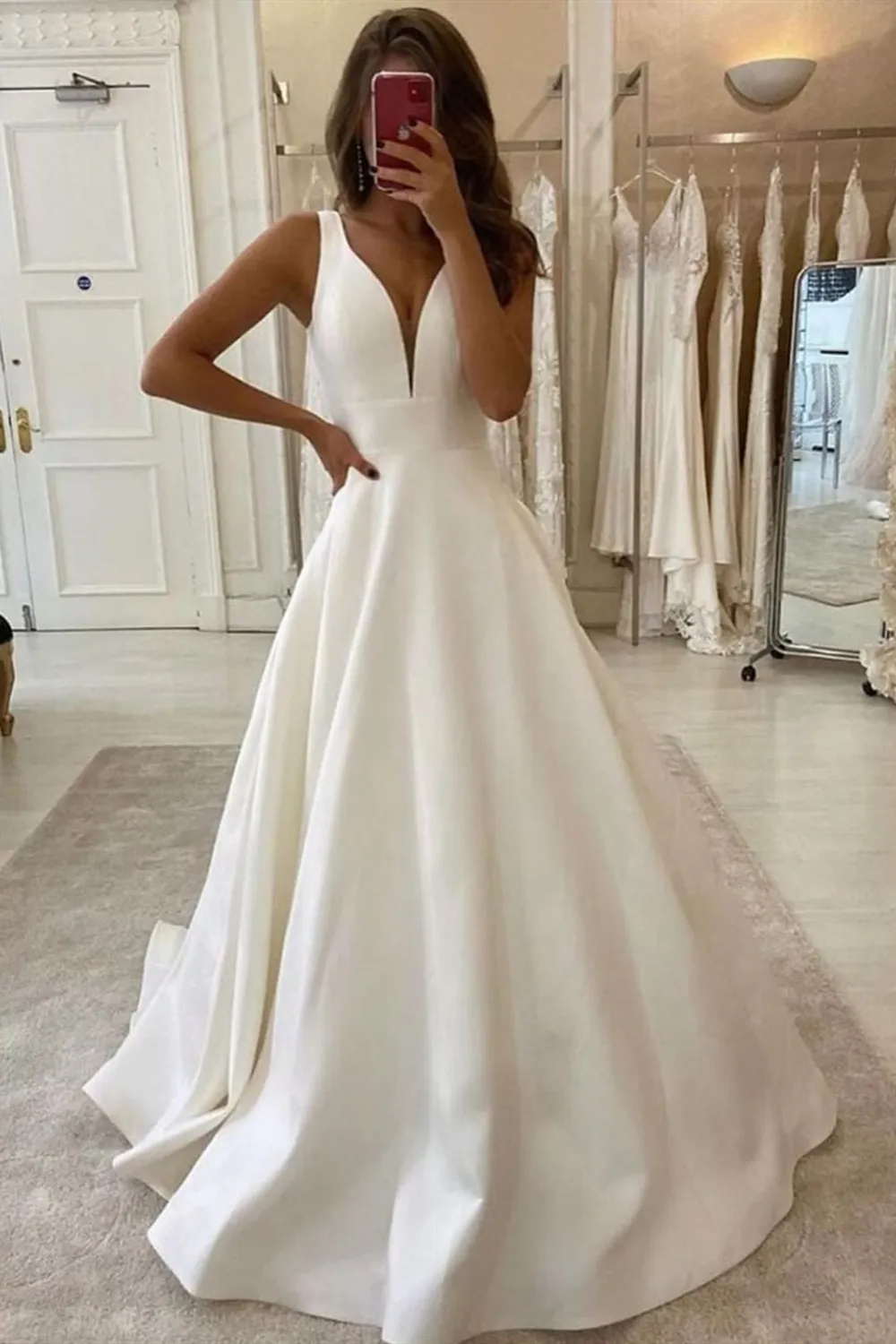 Elegant Long Wide Straps V-neck Ruffles Floor-length A-Line Satin Wedding Dress