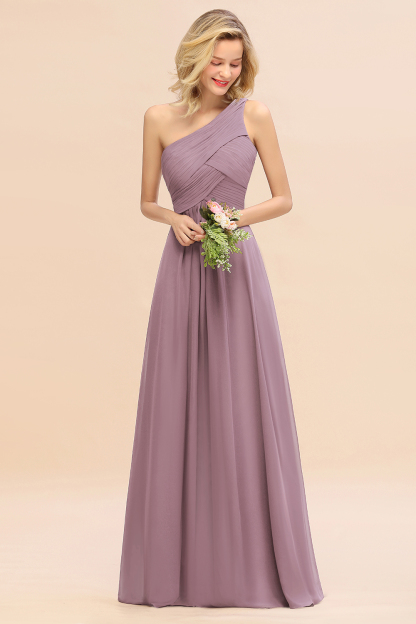 Elegant Wisteria A-line Chiffon Ruffles One Shoulder Long Bridesmaid Dress