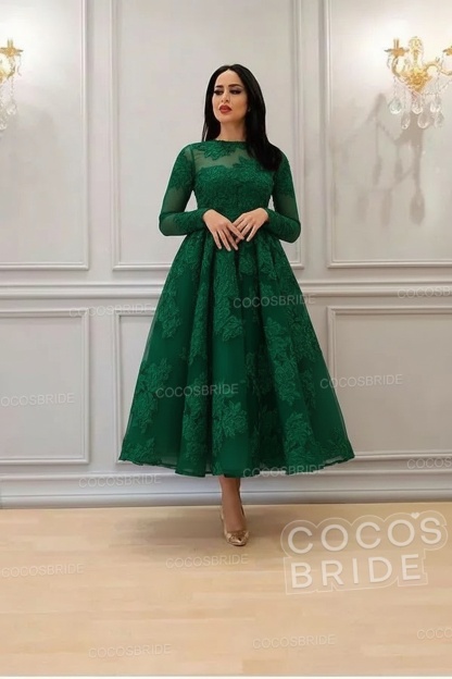 Elegant Short A-line High Neck Lace Ankle Length Formal Evening Dress with Sleeves