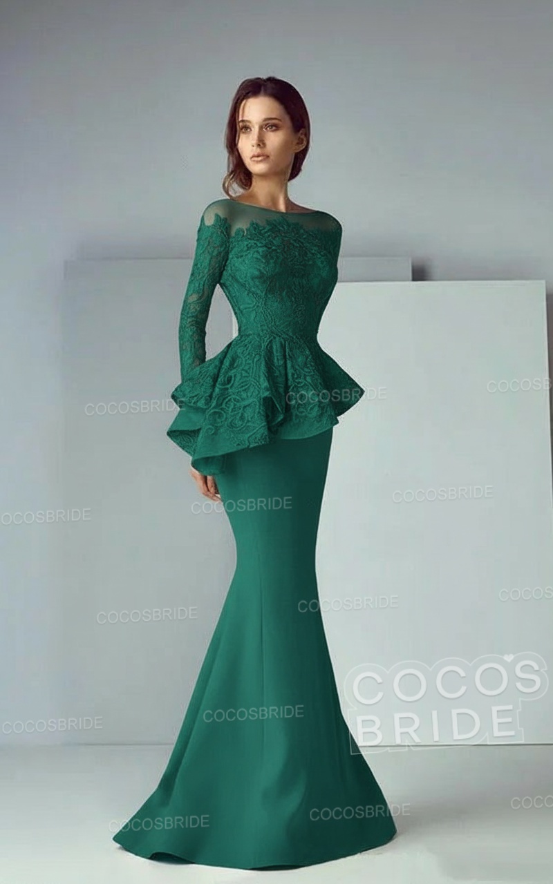 Modest Long Mermaid Lace Satin Formal Prom Dresses with Sleeves