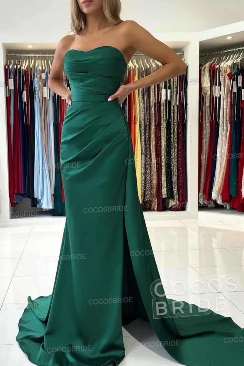 Long Mermaid Strapless Satin Prom Dress with Slit