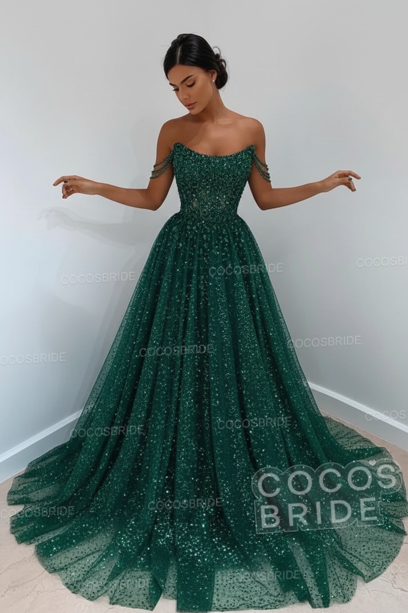 Long A-line Sparkly Sleeveless Sequined Formal Prom Dress