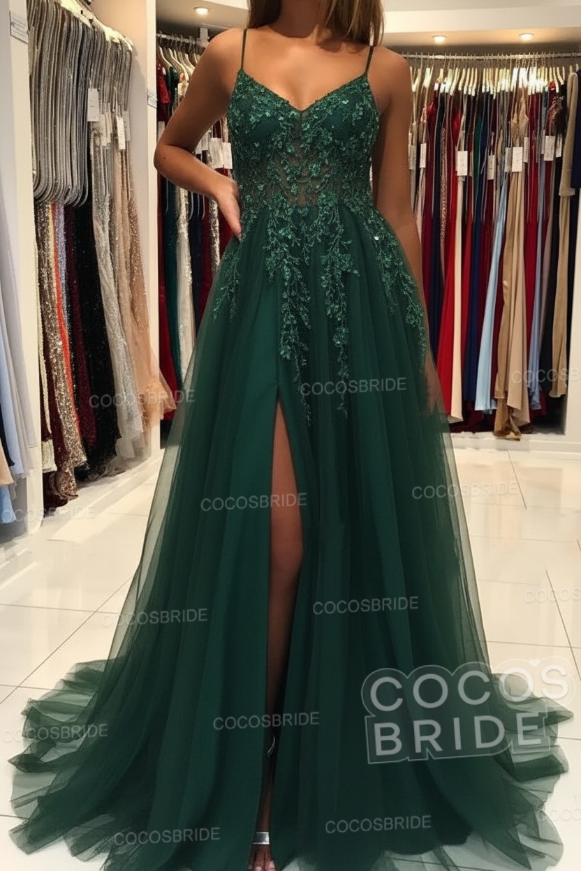 Long A-line V-neck Spaghetti Straps Open Back Prom Dress with Slit