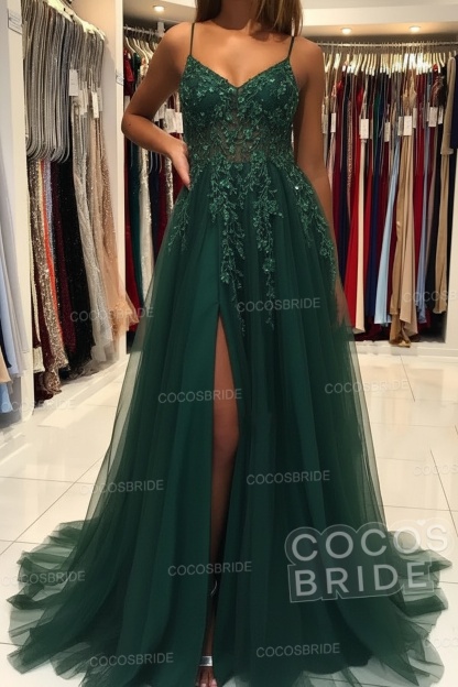 Long A-line V-neck Spaghetti Straps Open Back Prom Dress with Slit