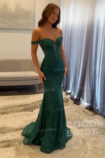 Dark Navy Long Mermaid Off the Shoulder Lace Prom Dress