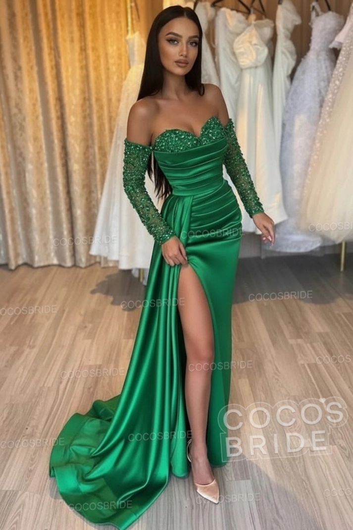 Long Mermaid Off the Shoulder Satin Front Slit Prom Dresses with Sleeves