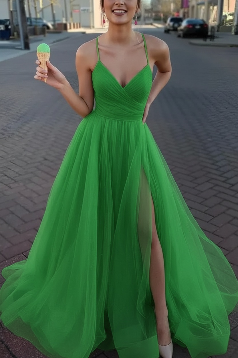 Long Spaghetti Straps V-neck A-Line Tulle Prom Dress With Side Slit