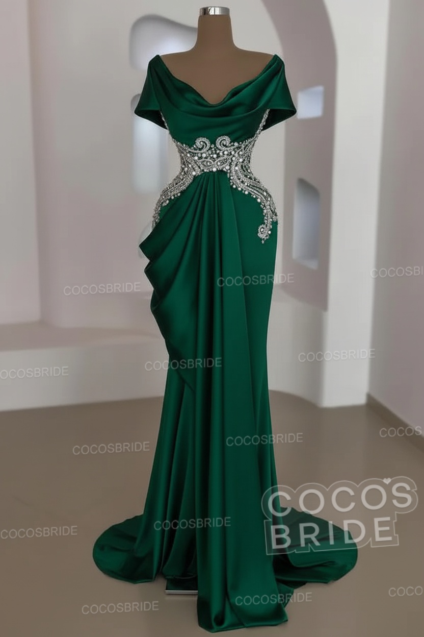 Mermaid Cowl Neck Satin Long Prom Dresses with Short Sleeves