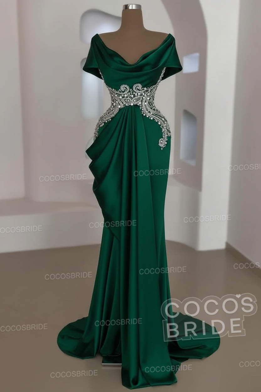Mermaid Cowl Neck Satin Long Prom Dresses with Short Sleeves