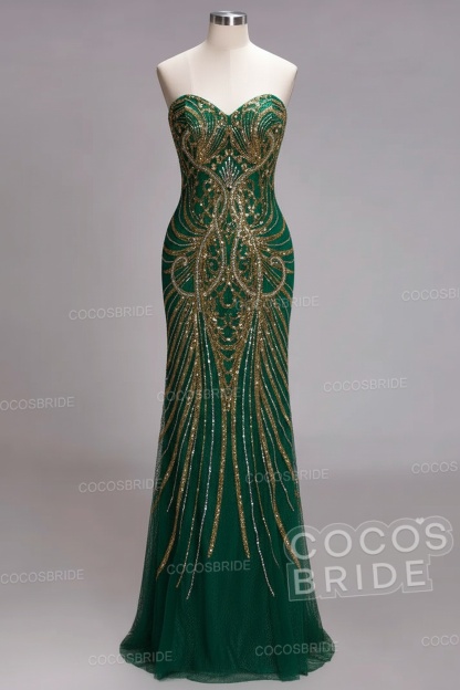 Mermaid Strapless Sweetheart Long Sequined Formal Evening Dresses with Beads