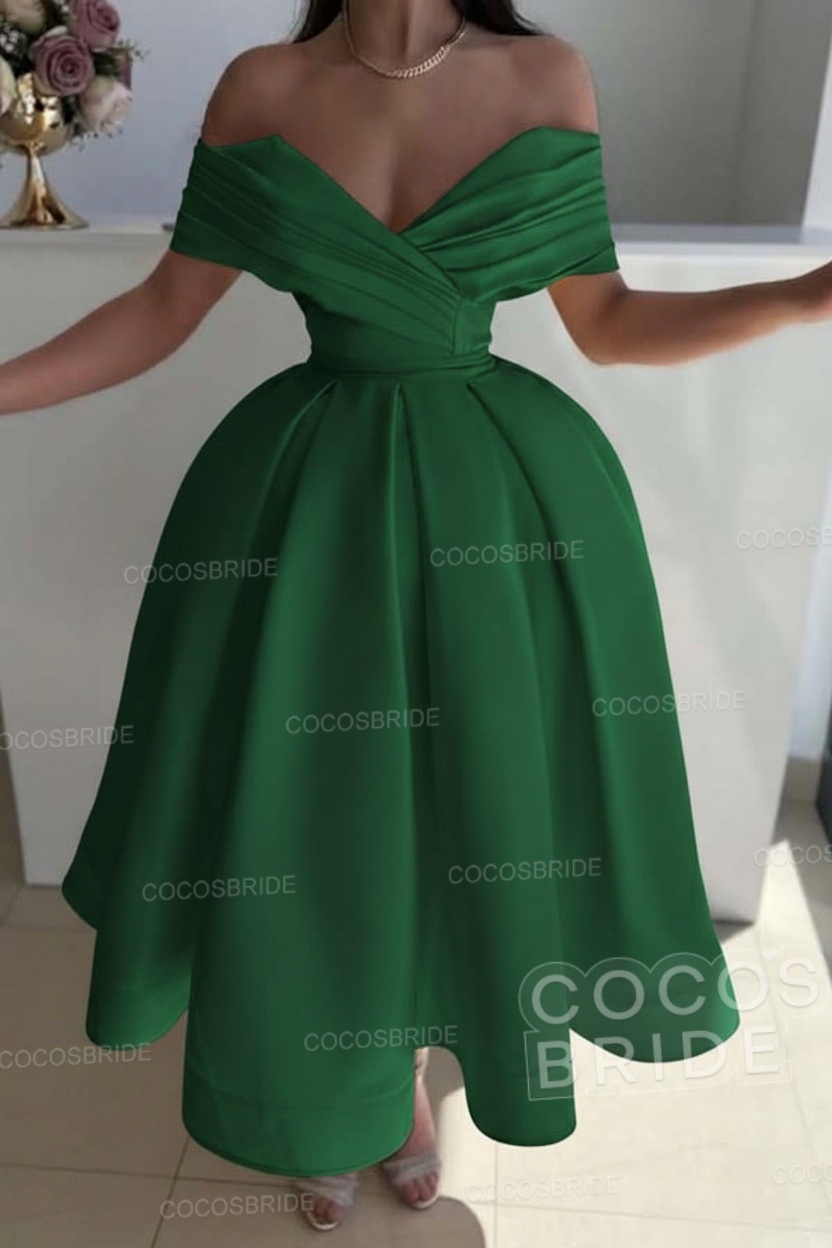 Off the Shoulder A-Line Satin Prom Dress with Pleated