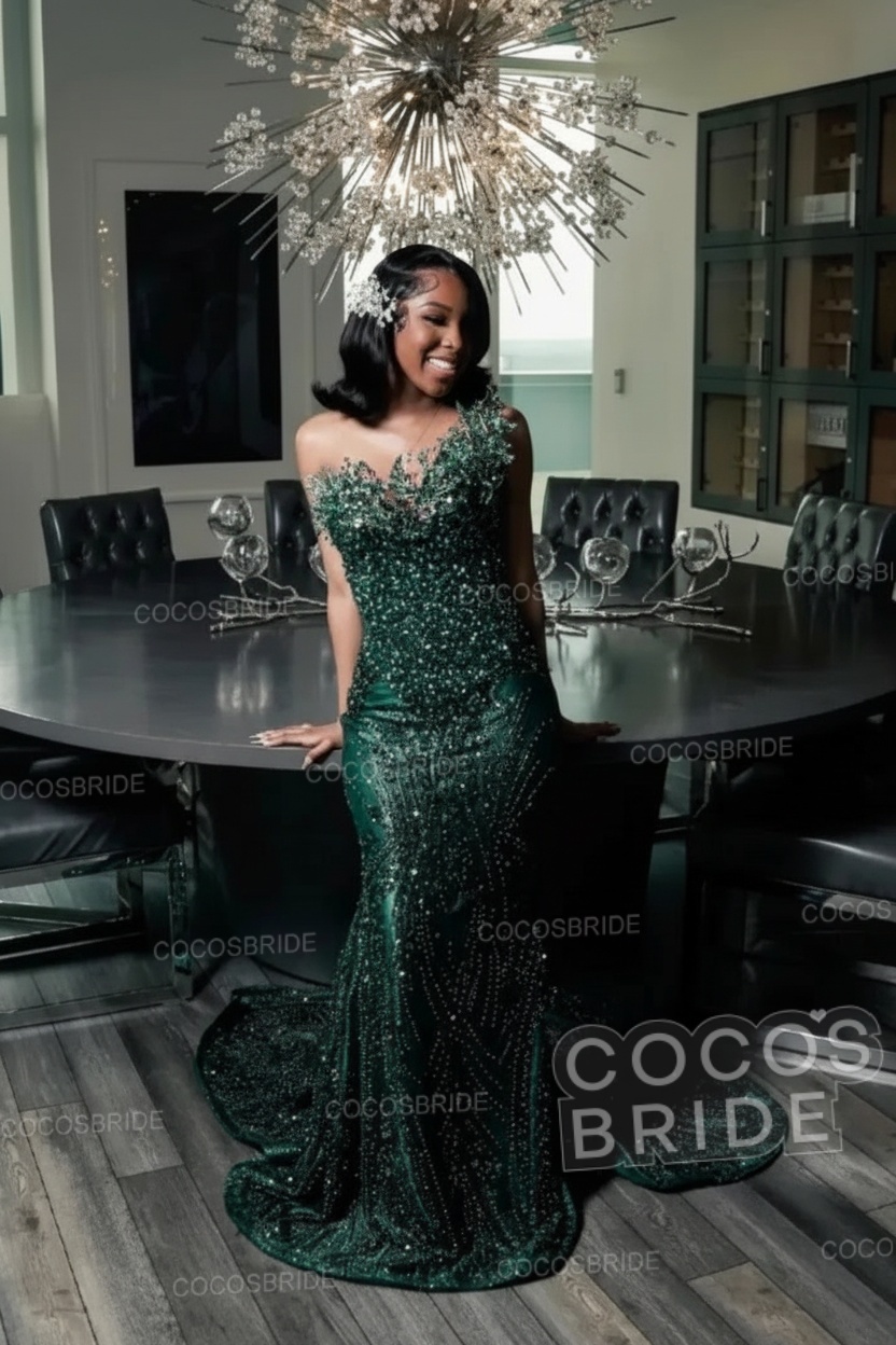 One Shoulder Sleeveless Mermaid Prom Dress with Beaded