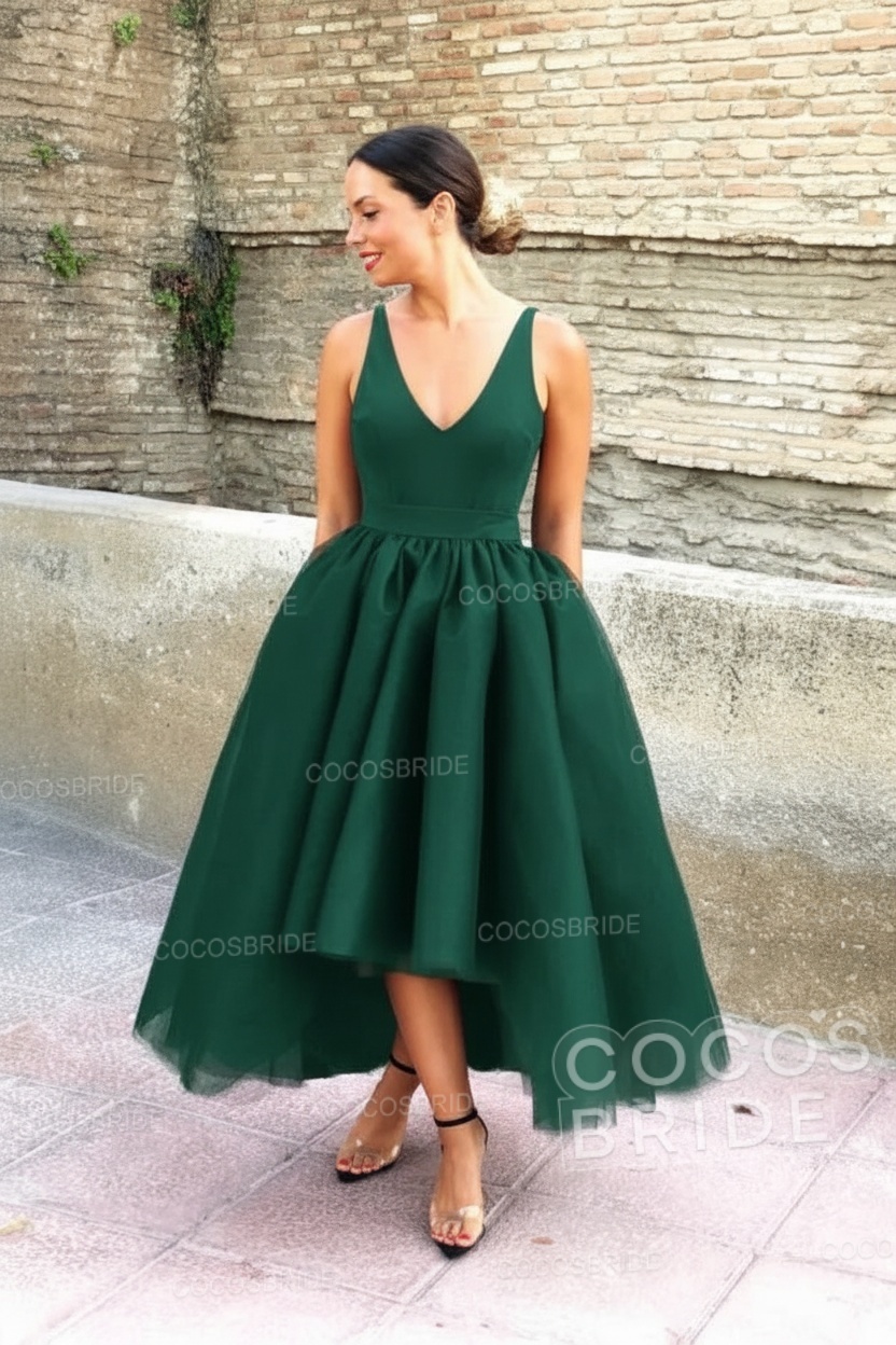 Simple Black V-neck Sleeveless Asymmetrical A-Line Prom Dresses