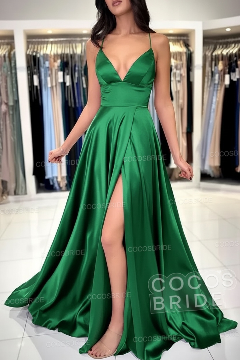 Simple Long A-line V-neck Satin Backless Formal Prom Dresses with Slit