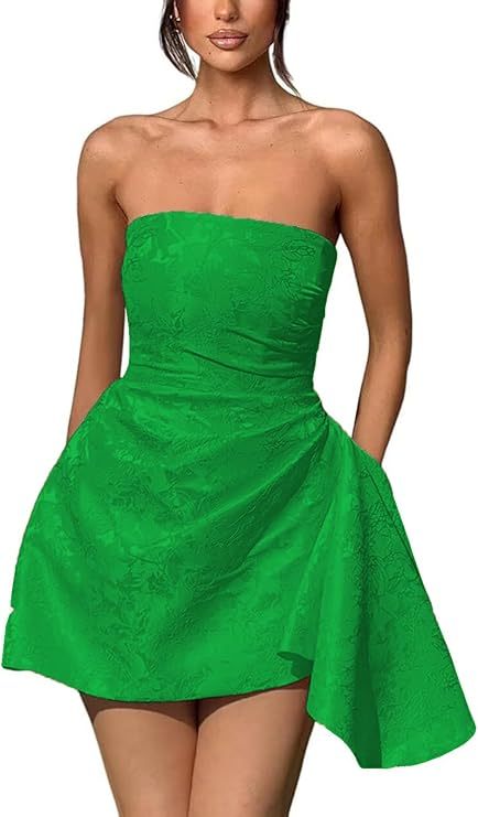 A-line Strapless Jacquard Satin Asymmetrical Lace up Sleeveless Short Homecoming Dress - CoCosBride