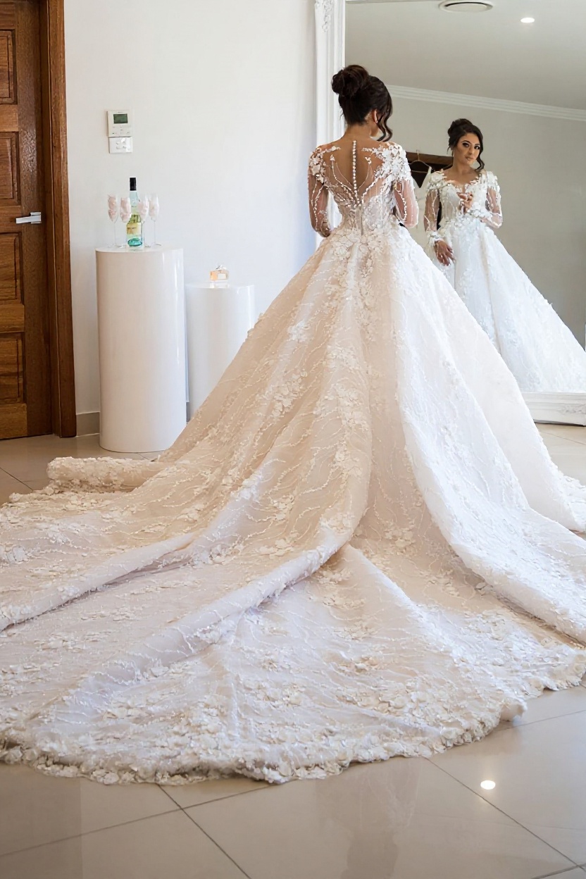 Exquisite Long Ball Gown Sweetheart Tulle Lace Backless Wedding Dress with Sleeves