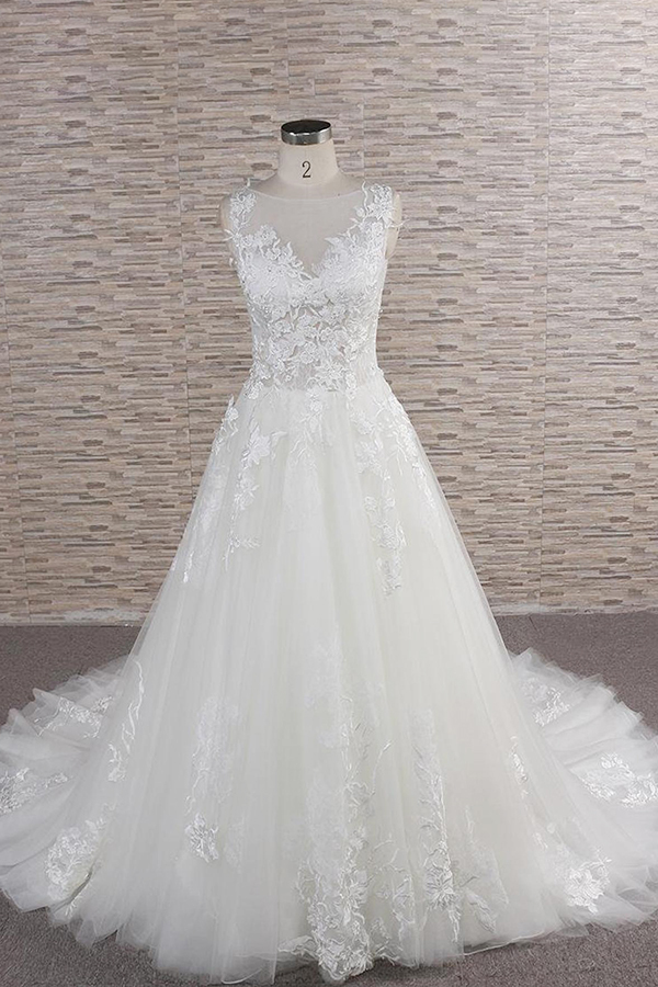 Long Sweetheart Applqiues Lace Tulle A-line Wedding Dress