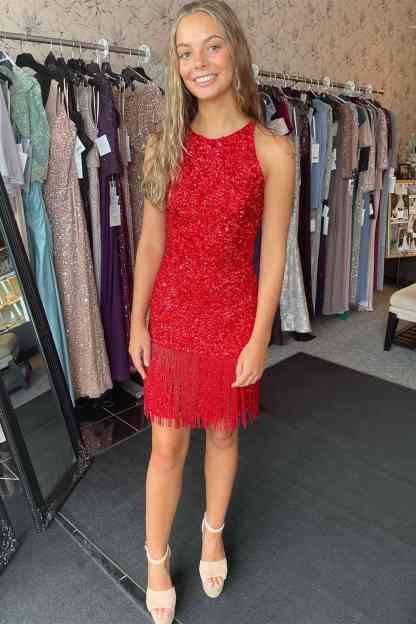 Hot Pink Halter Tight Homecoming Dress with Tassel