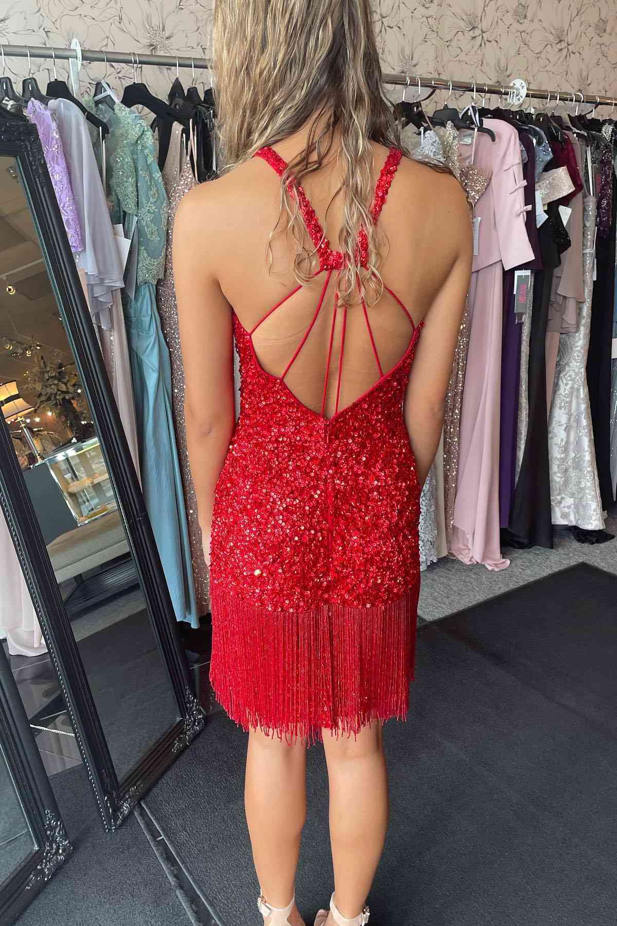 Hot Pink Halter Tight Homecoming Dress with Tassel
