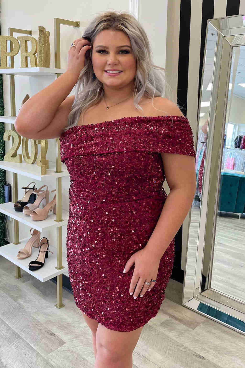 burgundy sequin homecoming dress Off the Shoulder Mermaid Short – COCOSBRIDE Joralia