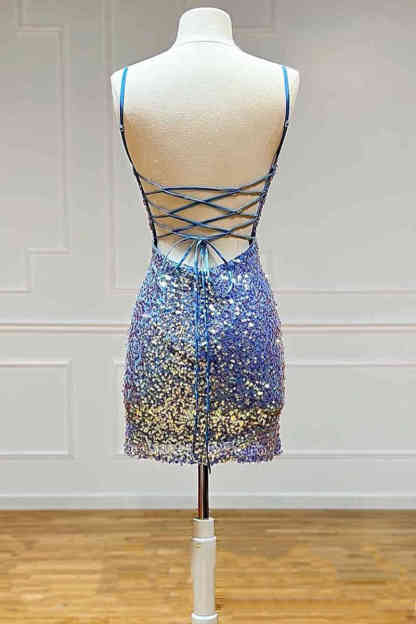 Tie Back Blue Iridescent Sequin Bodycon Homecoming Dress