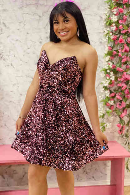Cute A-Line Strapless Sequined Short Party Dress
