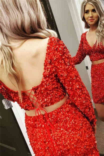 Two Piece Red Sequined Tight Homecoming Dress with Long Sleeves