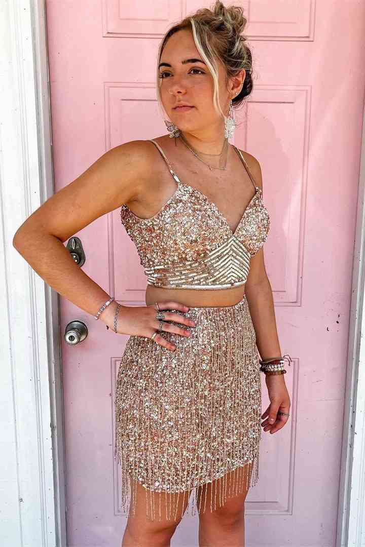 Two Piece Sequined Mermaid Sweetheart Homecoming Dress with Fringes Two Piece Sequined Mermaid Sweetheart Homecoming Dress with Fringes