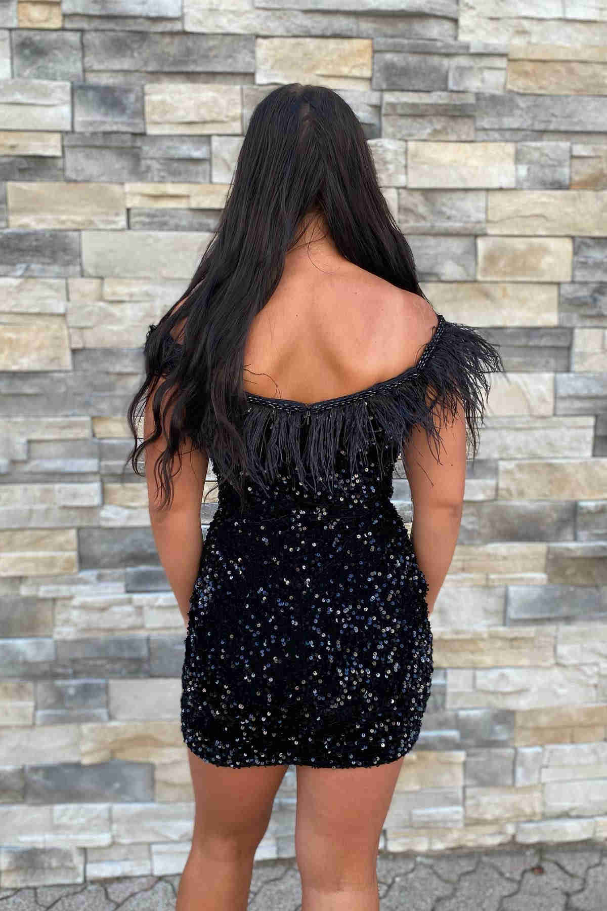 Short Sequin Off the Shoulder Pink Feather Bodycon Homecoming Dress