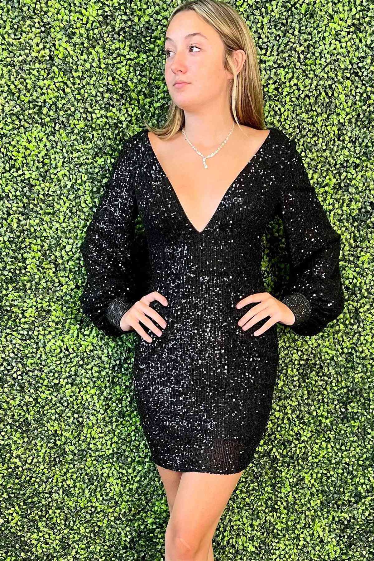 black long sleeve dress homecoming V-Neck Black Sequins Long Sleeves Shor Homecoming Dress – FancyVestido main image 1