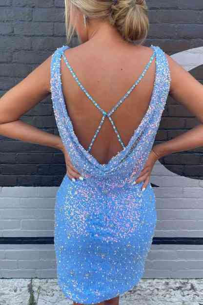 Beaded Light Blue Sequins Bodycon Homecoming Dress