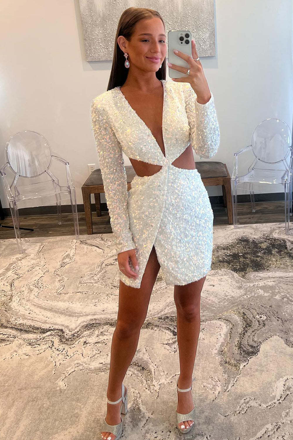 Plunging Neck Sky Blue Sequin Side Cutout Short Homecoming Dress