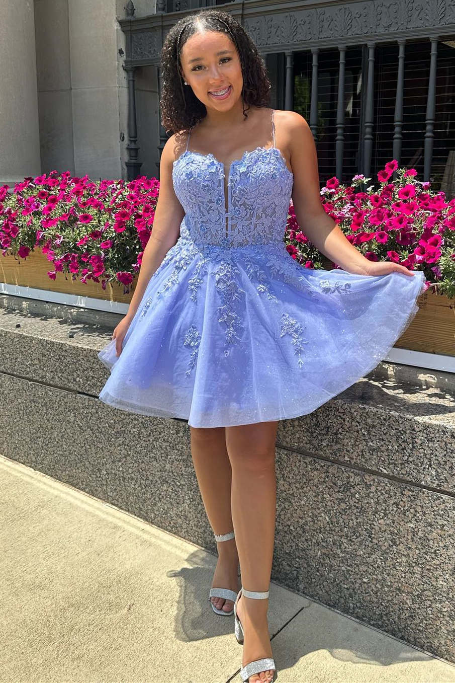 short periwinkle homecoming dress A-Line Spaghetti Straps Sweetheart Backless with Appliques Lace VENDOR COLOR-HIBISCUS COSMO
