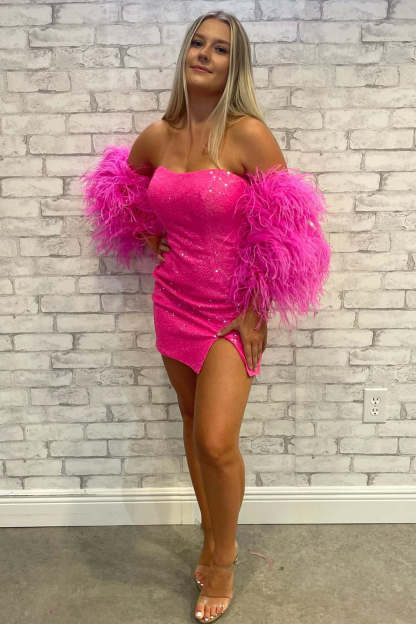 Strapless Hot Pink Feathered Sleeves Tight Homecoming Dress
