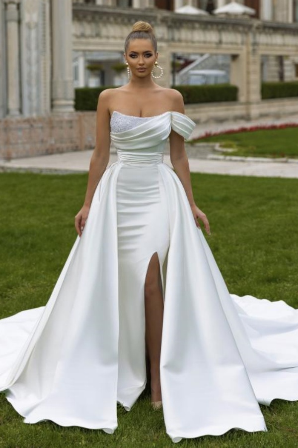 Fabulous Long Mermaid One Shoulder Chapel Train Satin Wedding Dress with Ruffles