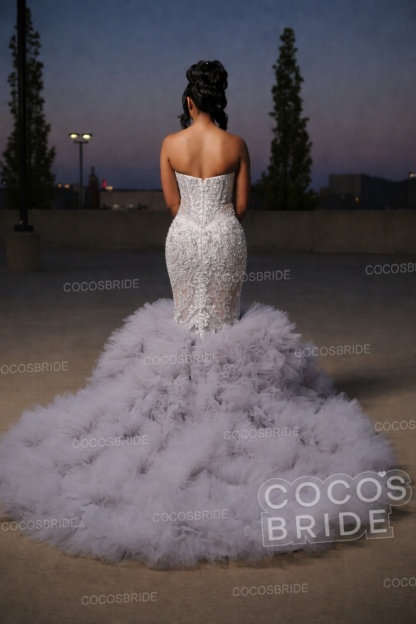 Fashion Silver Beaded Long Mermaid Prom Dress with Ruffles
