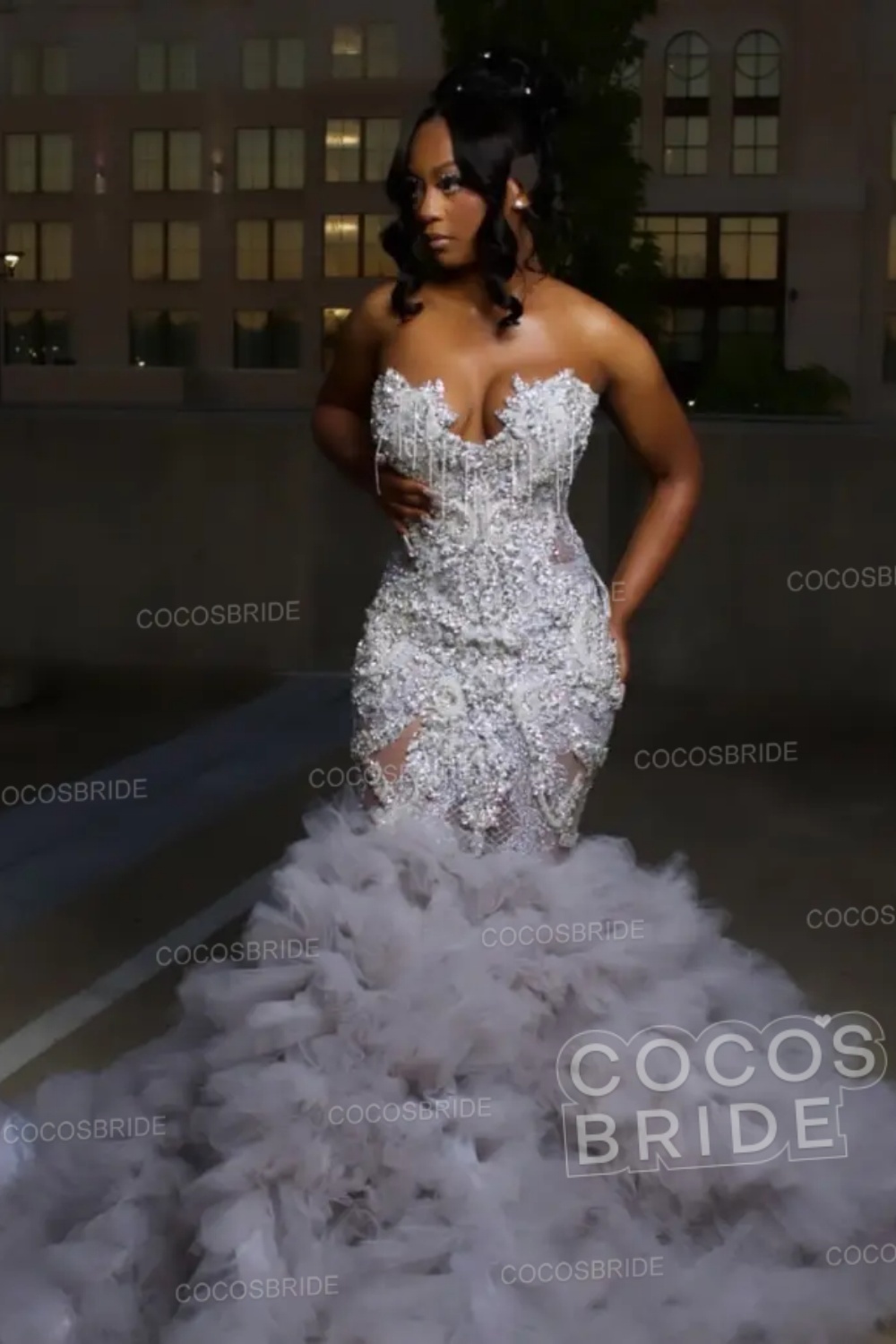 Fashion Silver Beaded Long Mermaid Prom Dress with Ruffles
