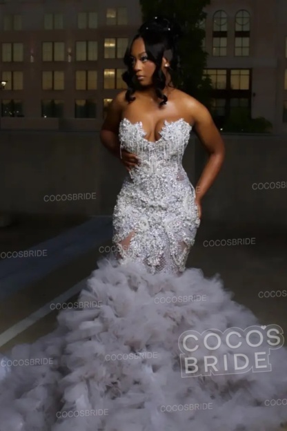 Fashion Silver Beaded Long Mermaid Prom Dress with Ruffles