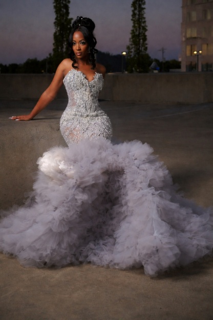 Fashion Silver Beaded Long Mermaid Prom Dress with Ruffles
